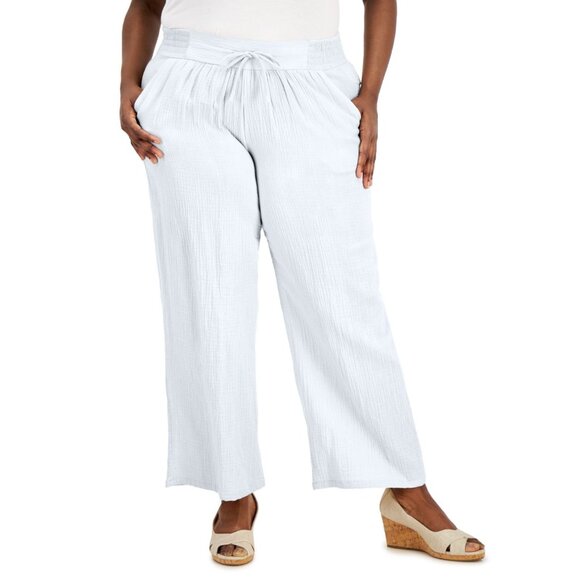 JM Collection Womens Plus Gauze Wide Leg Drawstring Pants White Size 1X NWT - Picture 1 of 3